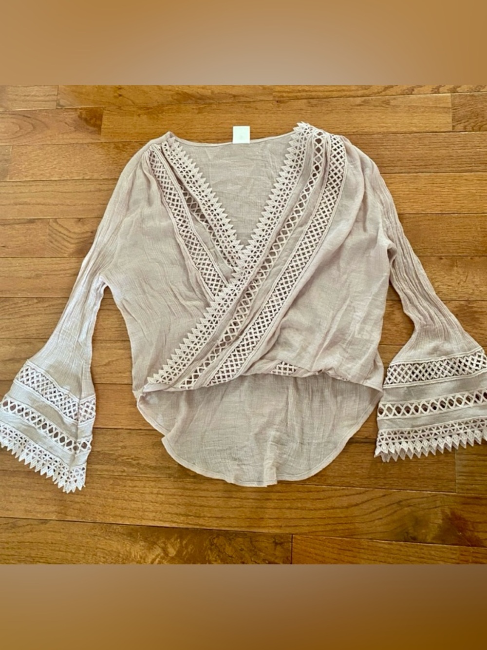 By Together Blush Boho Crochet Lace Faux Wrap Bell Sleeve Blouse Top Size L